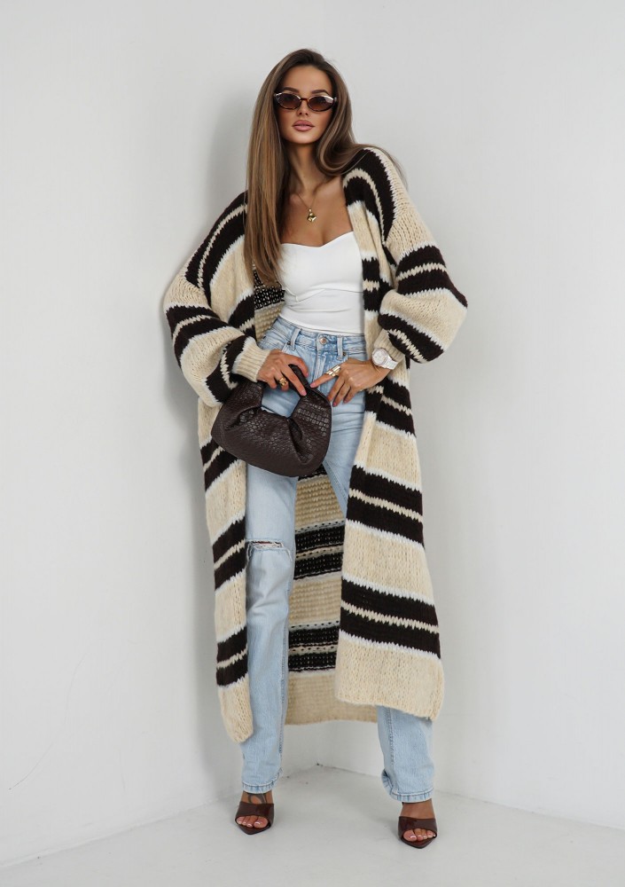 Marin - Beige striped knit maxi cardigan