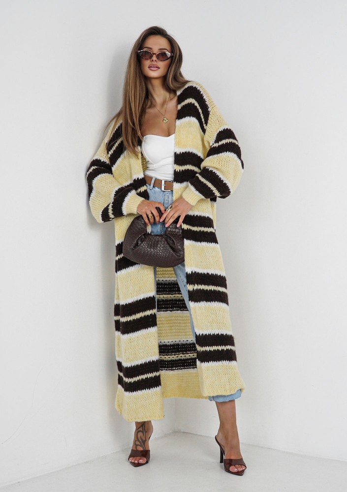 Marin - Dzianinowy kardigan maxi w pasy Cytrynowy