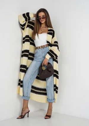 Marin - Dzianinowy kardigan maxi w pasy Cytrynowy