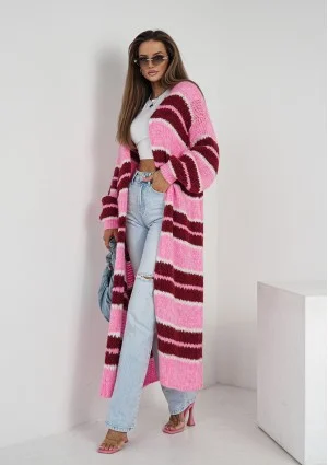 Marin - Dzianinowy kardigan maxi w pasy Różowy