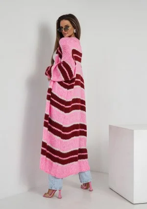 Marin - Dzianinowy kardigan maxi w pasy Różowy