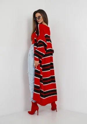 Marin - Dzianinowy kardigan maxi w pasy Czerwony