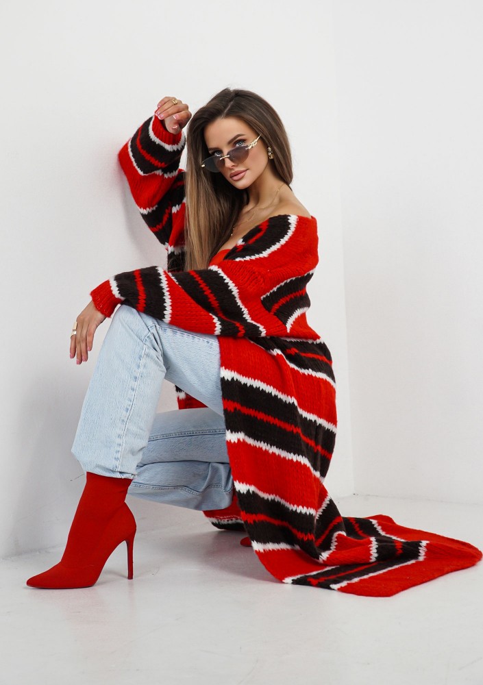 Marin - Dzianinowy kardigan maxi w pasy Czerwony