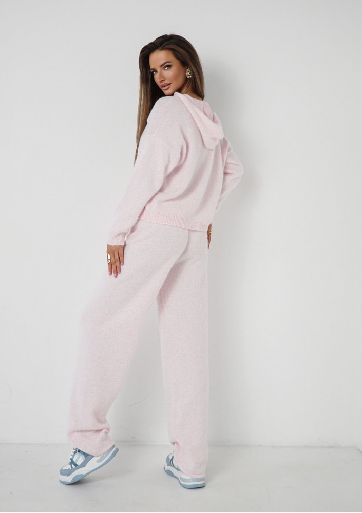 Nemi Soft - Pink knitted jumper with a pocket and a hood