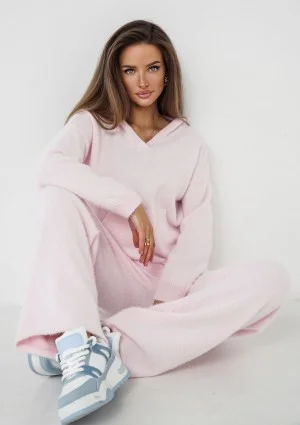 Nemi Soft - Bluza dzianinowa z kapturem i kieszenią Różowa