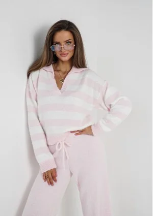 Vivi Soft - Sweter dzianinowy w paski z kołnierzykiem Różowy