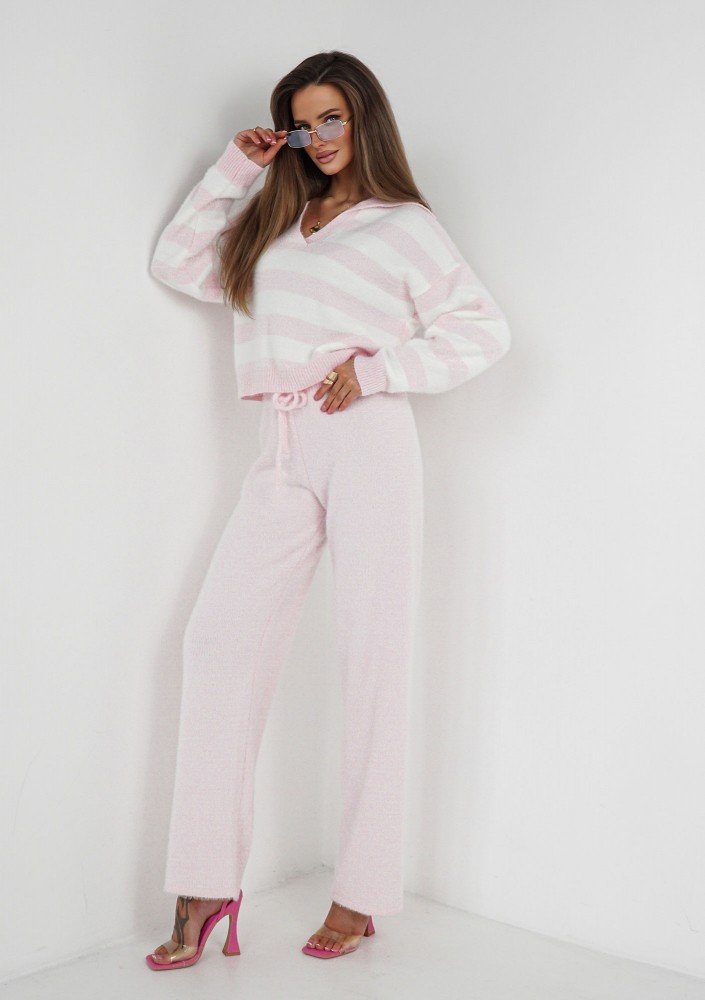 Vivi Soft - Sweter dzianinowy w paski z kołnierzykiem Różowy