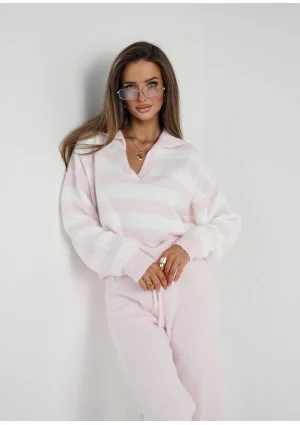 Vivi Soft - Sweter dzianinowy w paski z kołnierzykiem Różowy
