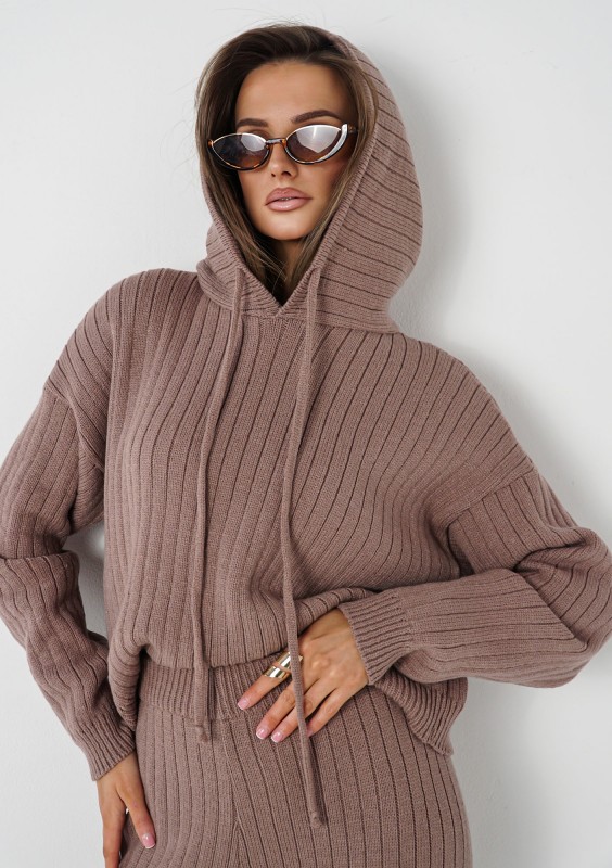 Barro - Latte beige knitted in stripes hoodie