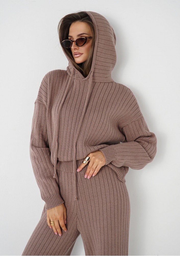 Barro - Latte beige knitted in stripes hoodie