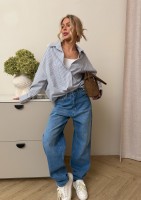 Tammy - Bawełniana koszula oversize w prążki z lampasem Navy