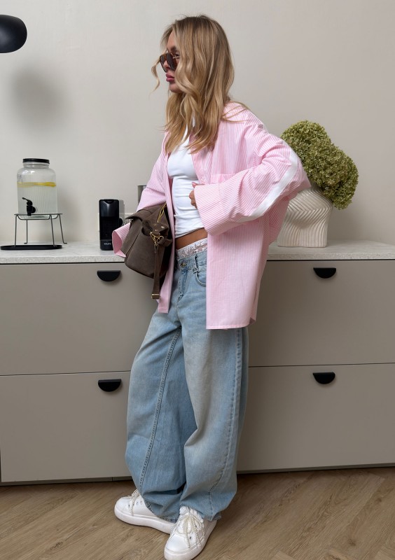 Tammy - Bawełniana koszula oversize w prążki z lampasem Różowa