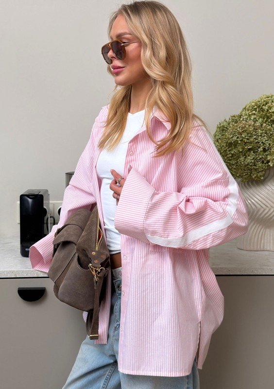 Tammy - Bawełniana koszula oversize w prążki z lampasem Różowa