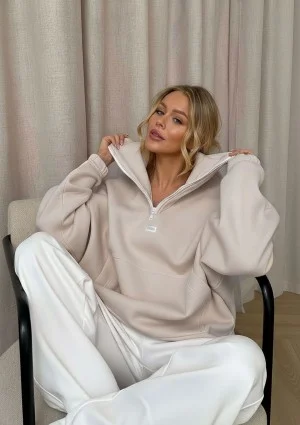 Yale Zip - Bluza kangurka oversize z wysokim kołnierzem Beżowa