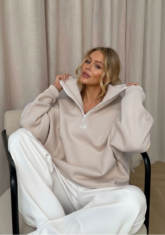 Yale Zip - Bluza kangurka oversize z wysokim kołnierzem Beżowa