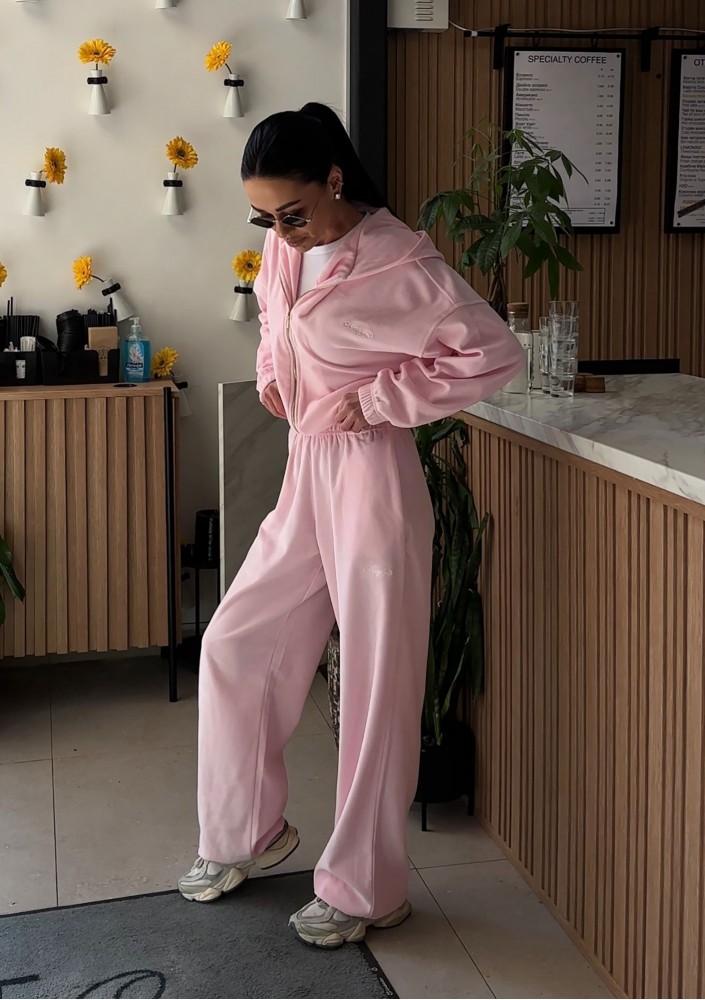 Lush - Bluza welurowa na zamek z kapturem Pastel Pink