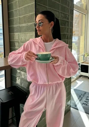 Lush - Pastel pink zipped velvet hoodie