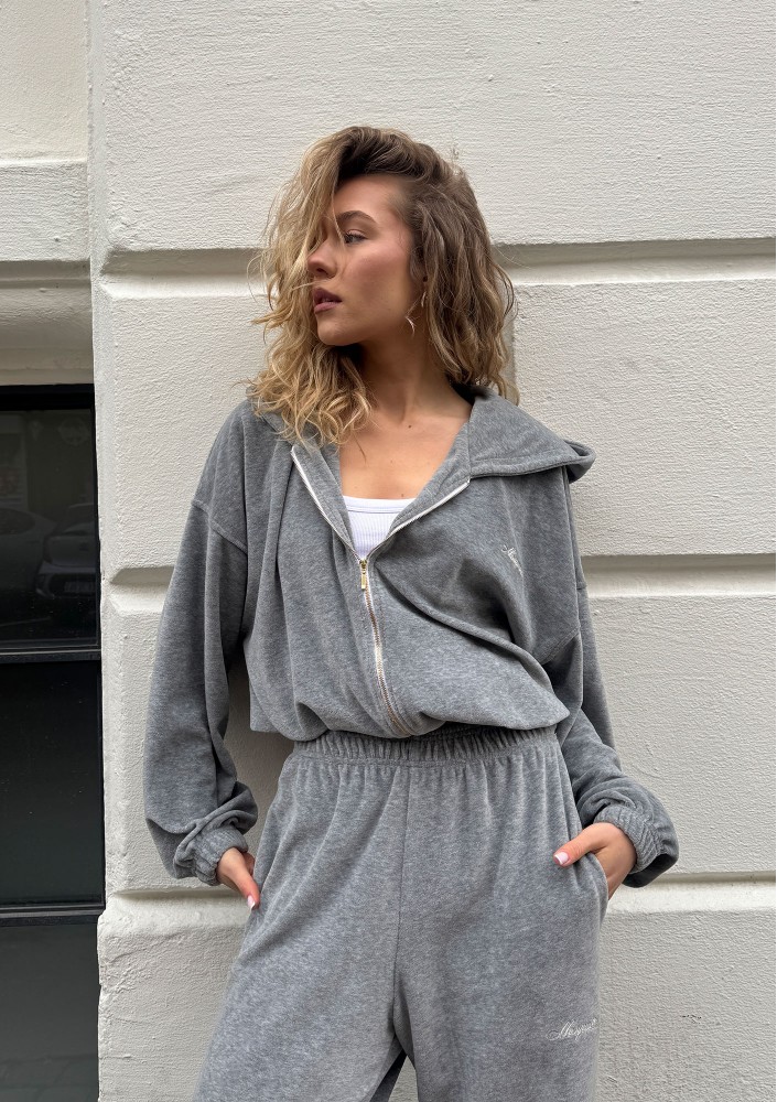 Lush - Bluza welurowa na zamek z kapturem Grey Melange