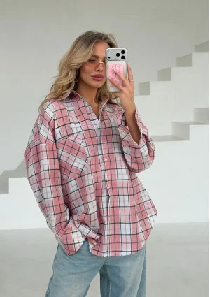 Duty - Bawełniana koszula oversize w kratkę Pink