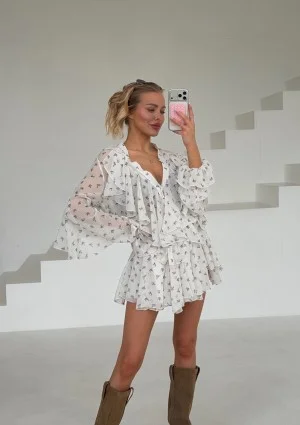 Bliss - Romantic frilled mini skirt Blue Flowers