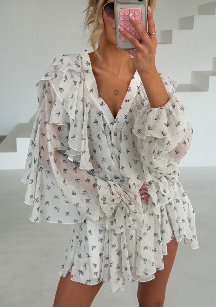 Camelia - Romantic frilled shirt Blue Flowers