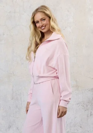 Cano - Short pastel pink zipped frotte sweatshirt