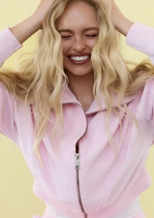 Cano - Short pastel pink zipped frotte sweatshirt