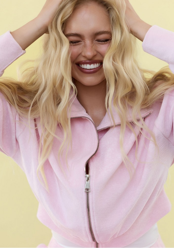 Cano - Short pastel pink zipped frotte sweatshirt