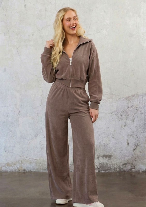 Cano - Short savannah tan brown zipped frotte sweatshirt