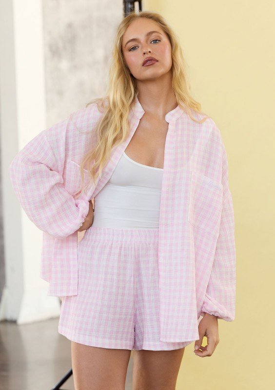 Palma - Letnia koszula z muślinu w kratkę Vichy Pastel Pink