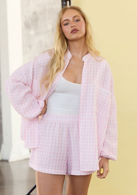 Palma - Letnie szorty z muślinu w kratkę Vichy Pastel Pink