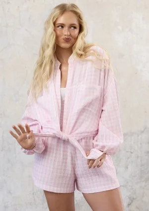 Palma - Letnie szorty z muślinu w kratkę Vichy Pastel Pink