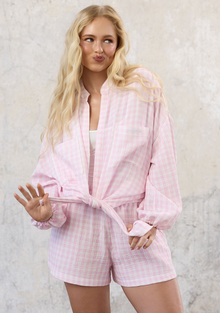 Palma - Letnie szorty z muślinu w kratkę Vichy Pastel Pink