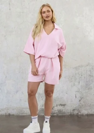 Nami - Pastel pink velvet shirt with a collar