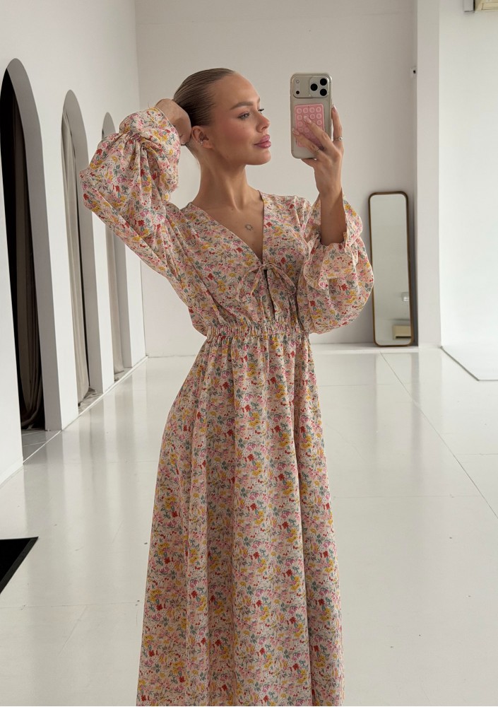 - Bawełniana sukienka midi z wiązaniem Pastel Flowers