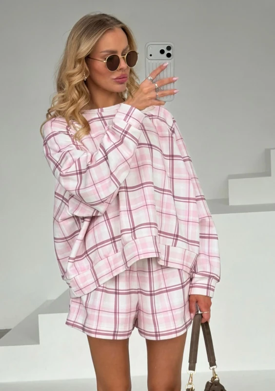 Leni - Bluza oversize crewneck w kratę Pink