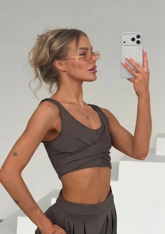 Vexa - Savannah tan brown short draped top