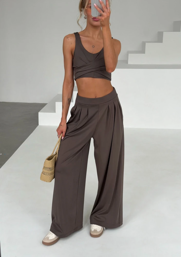 Vexa - Savannah tan brown short draped top