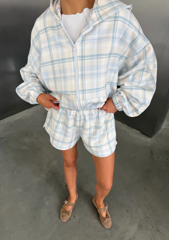 Melo - Zipped light blue checkered hoodie