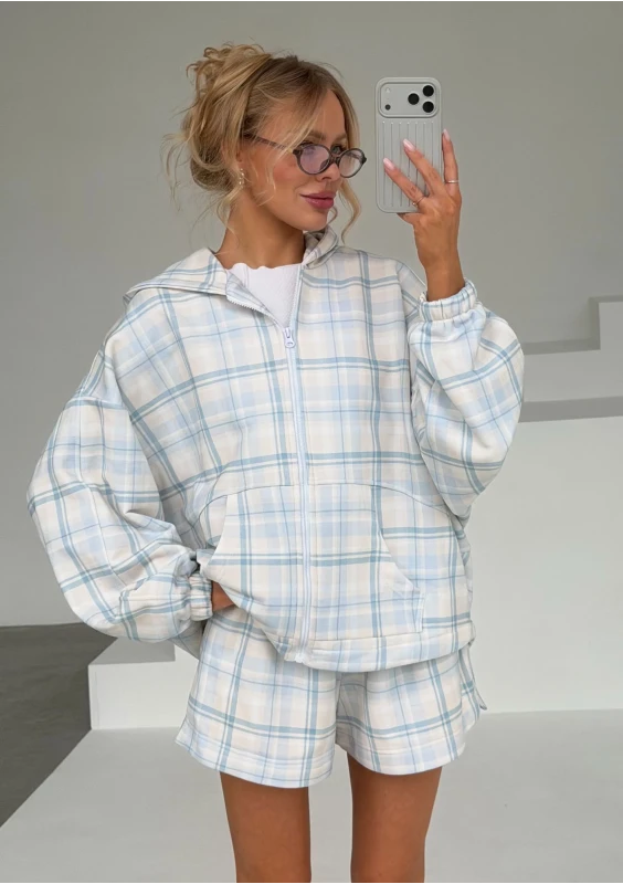 Melo - Zipped light blue checkered hoodie