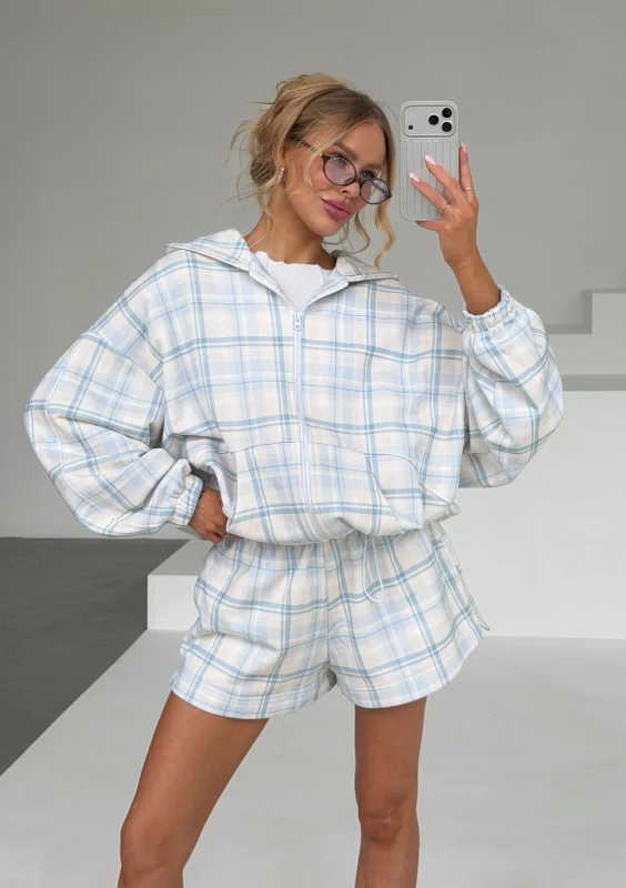 Melo - Zipped light blue checkered hoodie