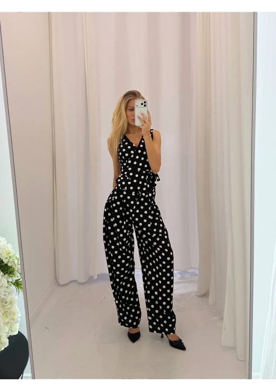 Solea - Black and white dotted linen wrap vest