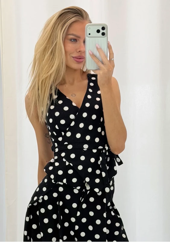 Solea - Black and white dotted linen wrap vest