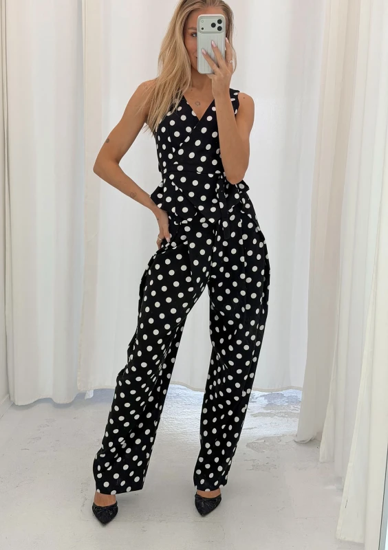 Solea - Black and white dotted linen wrap vest