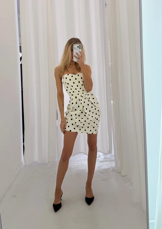 Sonia - Ecru off shoulders dotted mini dress