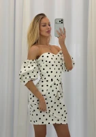 Sonia - Ecru off shoulders dotted mini dress