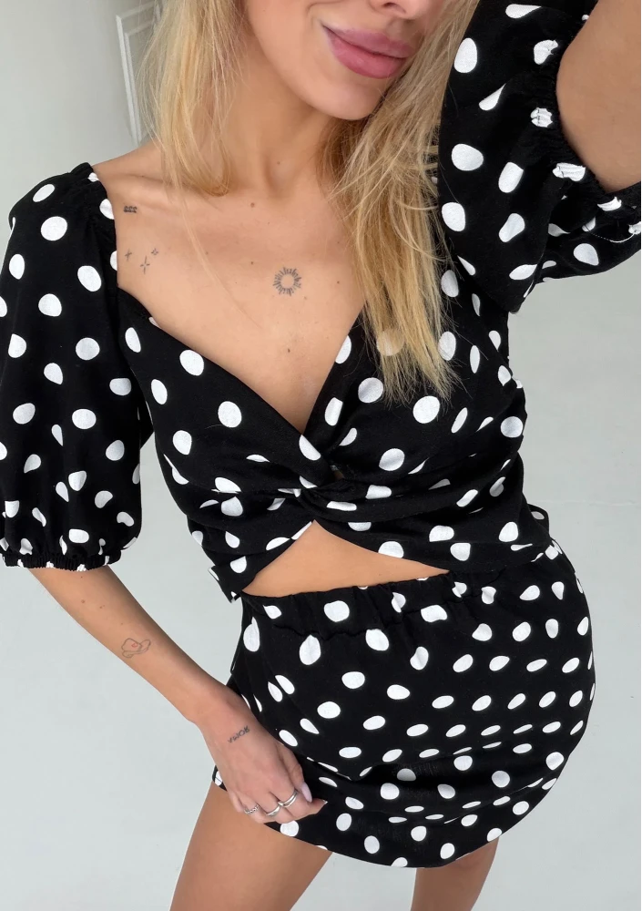 Rosita - Elegancka czarna sukienka lniana w grochy - Mosquito