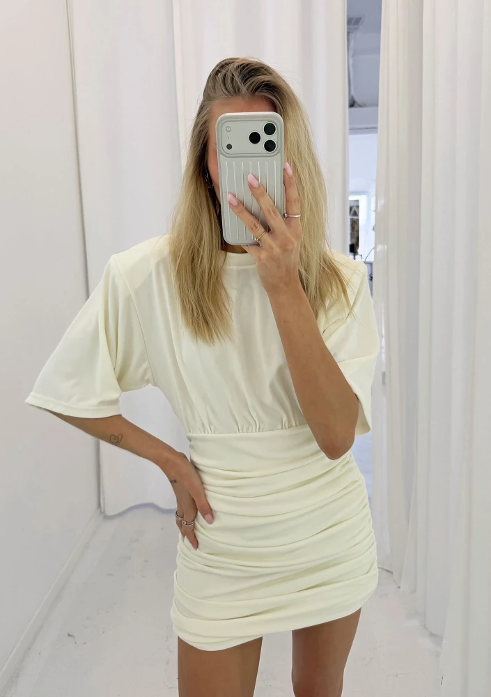 Leya - Draped creamy mini dress with shoulder pads