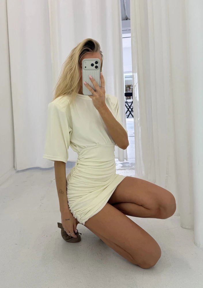 Leya - Draped creamy mini dress with shoulder pads