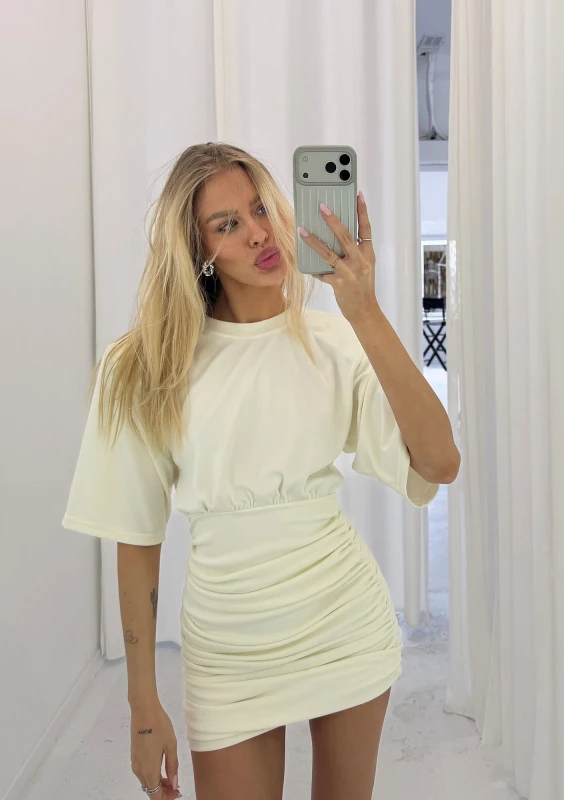Leya - Draped creamy mini dress with shoulder pads